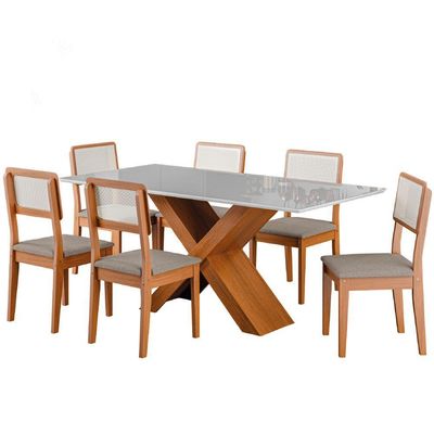 Conjunto De Mesa Sala De Jantar Tampo Com Vidro 1,80m Grécia 6 Cadeiras Santiago Dobuê off White