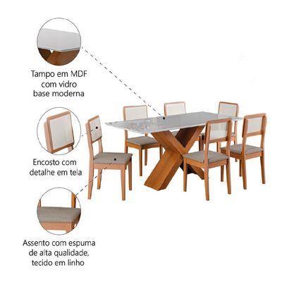 Conjunto De Mesa Sala De Jantar Tampo Com Vidro 1,80m Grécia 6 Cadeiras Santiago Dobuê off White
