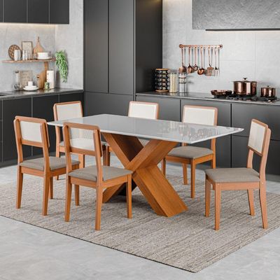 Conjunto De Mesa Sala De Jantar Tampo Com Vidro 1,80m Grécia 6 Cadeiras Santiago Dobuê off White