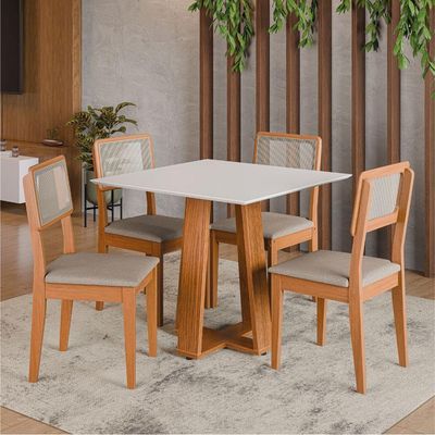 Conjunto Sala De Jantar Mesa Athenas Quadrada 4 Cadeiras Santiago Dobuê Madeirado Off White