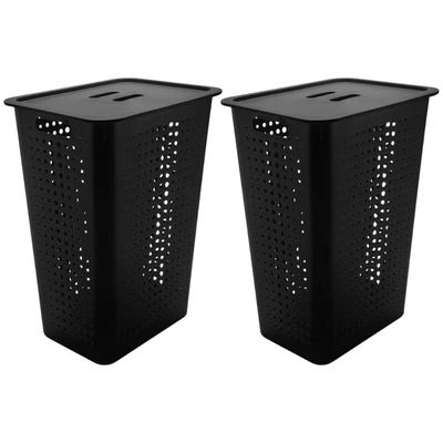 Kit 2 Cestos para Roupa Suja OU com Tampa Organizador Lavanderia 47L Preto Preto