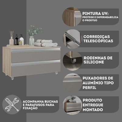 Gabinete Banheiro Rodinhas Joia 80cm 02 Gavetas Madeirado Cinza