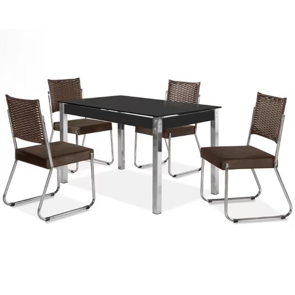 Mesa de Jantar Aço Nobre Claudia com Tampo Kanon e 4 Cadeiras Chocolate/Preto/Marrom