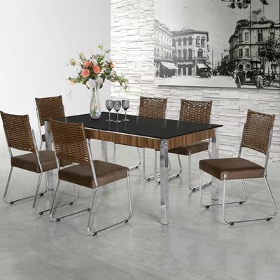 Mesa de Jantar Aço Nobre Claudia com Tampo Kanon e 6 Cadeiras Chocolate/Marrom/Nogal