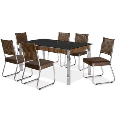 Mesa de Jantar Aço Nobre Claudia com Tampo Kanon e 6 Cadeiras Chocolate/Marrom/Nogal
