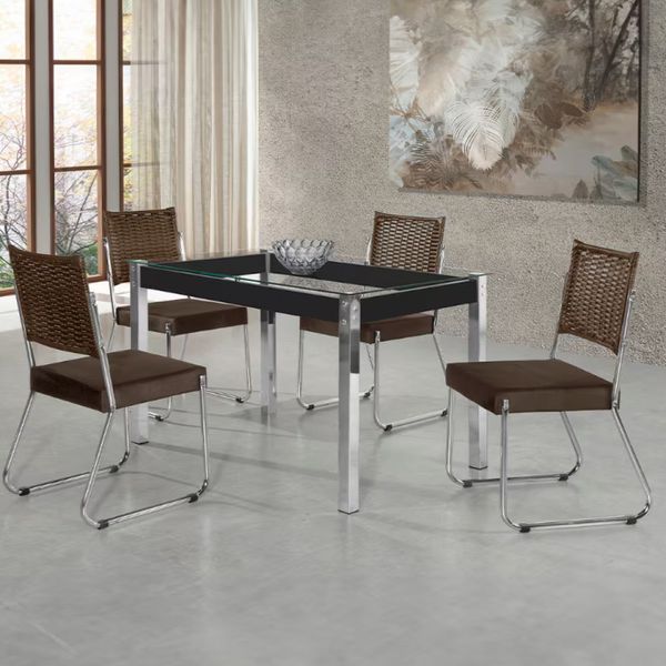 Mesa de Jantar Aço Nobre Claudia com Tampo Kanon e 4 Cadeiras Chocolate/Marrom/Preto