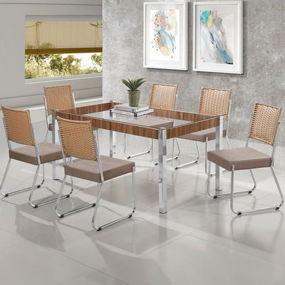 Mesa de Jantar Aço Nobre Claudia com Tampo Kanon e 6 Cadeiras Bege e Nogal