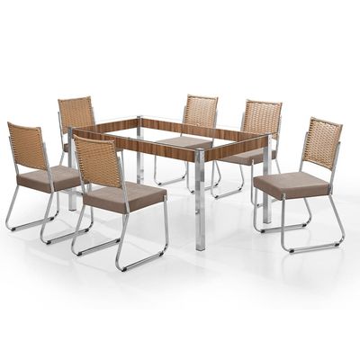 Mesa de Jantar Aço Nobre Claudia com Tampo Kanon e 6 Cadeiras Bege e Nogal