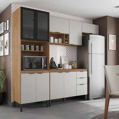 Cozinha Completa Demóbile Firenze com 10 Portas, 2 Gavetas, 7 Prateleiras, 4 Nichos Amêndoa/Nude Prime TX