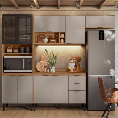 Cozinha Completa Demóbile Firenze com 10 Portas, 2 Gavetas, 7 Prateleiras, 4 Nichos Amêndoa/Nude Prime TX