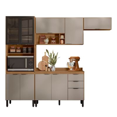 Cozinha Completa Demóbile Firenze com 10 Portas, 2 Gavetas, 7 Prateleiras, 4 Nichos Amêndoa/Nude Prime TX