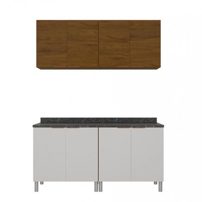Cozinha Compacta Rubi com 4 Portas, Balcão Duplo Grapia 160 cm Largura Bartira Branco, Marrom e Bege