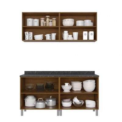 Cozinha Compacta Rubi com 4 Portas, Balcão Duplo Grapia 160 cm Largura Bartira Branco, Marrom e Bege
