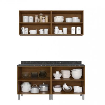 Cozinha Compacta Rubi com 4 Portas, Balcão Duplo Grapia 160 cm Largura Bartira Branco, Marrom e Bege