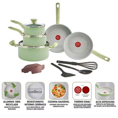 Conjunto de Panelas Recycled Ceramic 9 Peças Antiaderente Verde T-Fal Verde