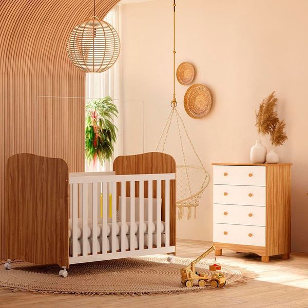 Berço Americano + Cômoda Infantil Peroba Duda Plus com 4 Gavetas - 65,1cm de largura Branco e Amêndoa