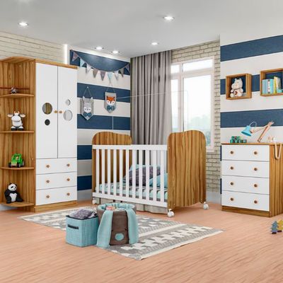 Berço Americano + Cômoda Infantil 4 Gavetas e 65,1cm de Largura + Guarda-Roupa Infantil Peroba Duda Plus 2 Portas, 3 Gavetas e 5 Prateleira Branco e Amêndoa