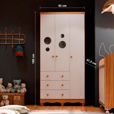 Guarda-Roupa Infantil Peroba Móveis Duda 3 Portas, 3 Gavetas + Cômoda Duda Plus 5 Gavetas + Berço Americano Duda com Suporte Mosqueteiro Branco e Amêndoa