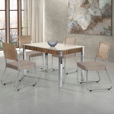 Mesa de Jantar Aço Nobre Claudia com Tampo Kanon e 4 Cadeiras Bege/Nogal/Off White
