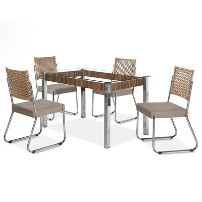 Mesa de Jantar Aço Nobre Claudia com Tampo Kanon e 4 Cadeiras Bege e Nogal