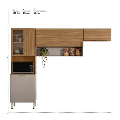 Cozinha Compacta Demóbile Aspen com 6 Portas e 2 Prateleiras 250cm de Largura Amêndola/Nude