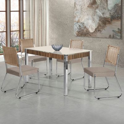 Mesa de Jantar Aço Nobre Claudia com Tampo Kanon e 4 Cadeiras Bege/Nogal/Off White