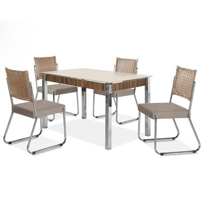 Mesa de Jantar Aço Nobre Claudia com Tampo Kanon e 4 Cadeiras Bege/Nogal/Off White