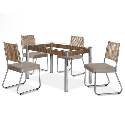 Mesa de Jantar Aço Nobre Claudia com Tampo Kanon e 4 Cadeiras Bege e Nogal
