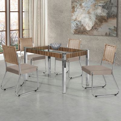 Mesa de Jantar Aço Nobre Claudia com Tampo Kanon e 4 Cadeiras Bege e Nogal