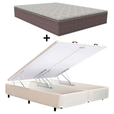 Colchão Queen Size Berlim com Pillow Top e Molas Ensacadas Umaflex + Base Box Itaflex Universal com Baú Castor/Branco/Bege