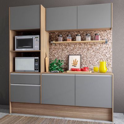 Cozinha Compacta Politorno Mov Evora MDP com 6 portas, 1 Gaveta e 1 Prateleira - 182cm de largura Castanho/Cinza