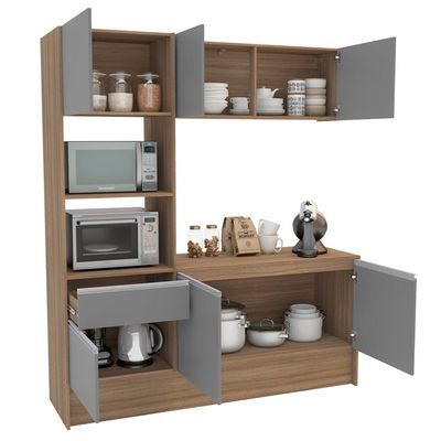 Cozinha Compacta Politorno Mov Evora MDP com 6 portas, 1 Gaveta e 1 Prateleira - 182cm de largura Castanho/Cinza