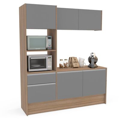 Cozinha Compacta Politorno Mov Evora MDP com 6 portas, 1 Gaveta e 1 Prateleira - 182cm de largura Castanho/Cinza