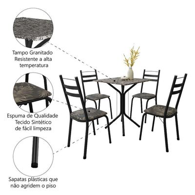 Conjunto De Mesa Sala De Jantar Com 4 Cadeiras Leia Tubular Granito Artefamol Preto/flor