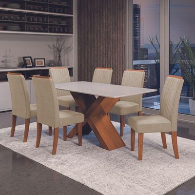 Conjunto Mesa de Jantar com Vidro 1,80m e 6 Cadeiras Grécia Dobuê - Madeirado/Bege