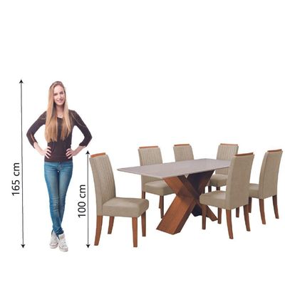 Conjunto Mesa de Jantar com Vidro 1,80m e 6 Cadeiras Grécia Dobuê - Madeirado/Bege