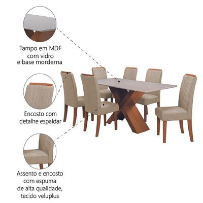 Conjunto Mesa de Jantar com Vidro 1,80m e 6 Cadeiras Grécia Dobuê - Madeirado/Bege