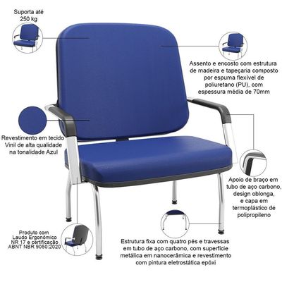 Kit 02 Cadeiras De Escritório Recepção Com Braço Fixa Cromada Magno P03 Vinil Azul - Lyam Decor