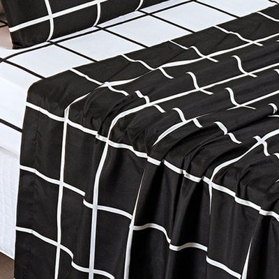 Jogo De Lençol Minimalista Solteiro 3 Peças Percal 200 Fios Quadriculado - Preto - 100% Poliéster