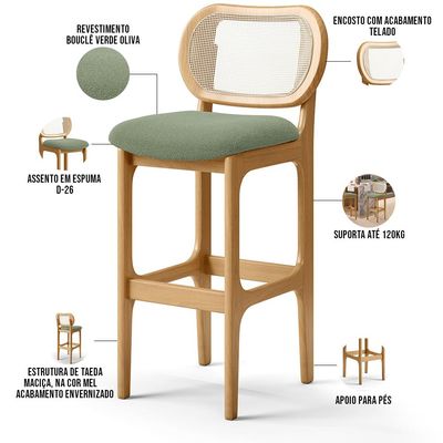Kit 03 Banquetas Altas Para Cozinha Bancada Sala Tela Betta Fixa L02 Bouclê Oliva - Lyam