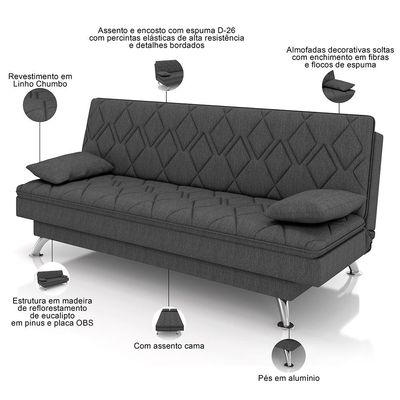Sofá Cama para Sala de Estar Quarto 193cm Lia M03 Linho Chumbo - Lyam Decor