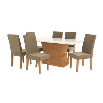 Mesa de Jantar Retangular Kappesberg Jade com 6 Cadeiras Canela com Off White