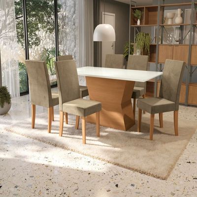 Mesa de Jantar Retangular Kappesberg Jade com 6 Cadeiras Canela com Off White