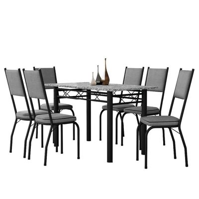 Conjunto Sala De Jantar Mesa Tampo Granito 1,40m Com 6 Cadeiras Diana Artefamol Preto/Platina