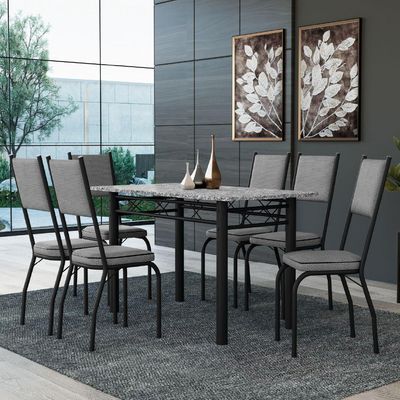 Conjunto Sala De Jantar Mesa Tampo Granito 1,40m Com 6 Cadeiras Diana Artefamol Preto/Platina
