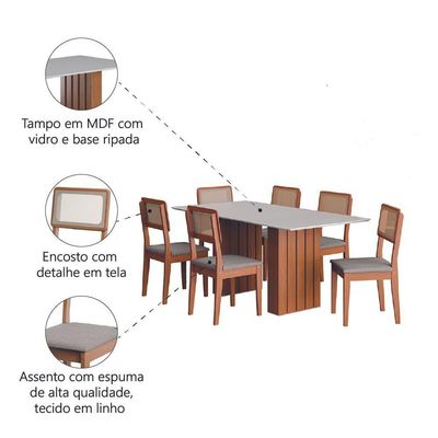 Conjunto De Mesa Sala De Jantar Ripada Tampo Com Vidro 1,80m 6 Cadeiras Santiago Dobuê Madeirado Off White