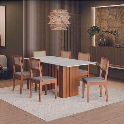 Conjunto De Mesa Sala De Jantar Ripada Tampo Com Vidro 1,80m 6 Cadeiras Santiago Dobuê Madeirado Off White