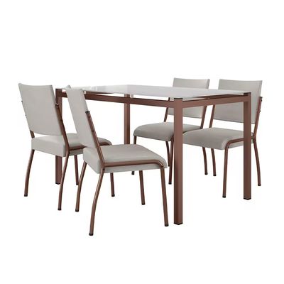 Mesa de Jantar Retangular Alexa com Tampo de Vidro de 140X80cm com 4 Cadeiras de Jantar Revestimento em Courino Fabone Off White