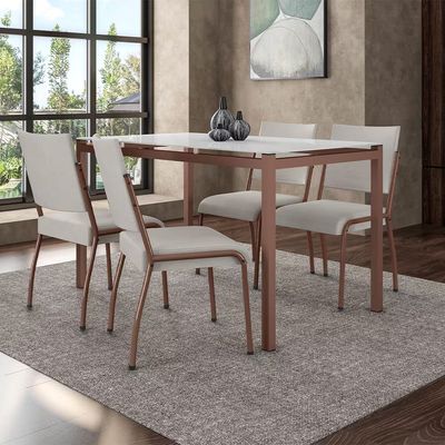Mesa de Jantar Retangular Alexa com Tampo de Vidro de 140X80cm com 4 Cadeiras de Jantar Revestimento em Courino Fabone Off White