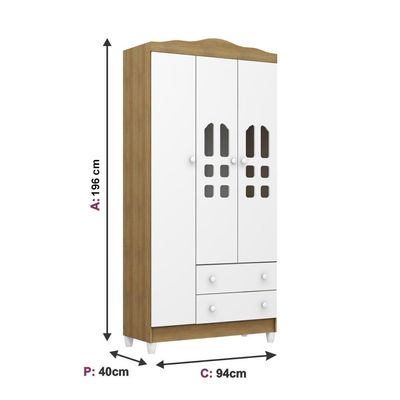 Guarda-Roupa Infantil Carolina Baby Eloa com 3 Portas, 2 Gavetas e 4 Prateleiras 94cm de Largura Branco e Bétula
